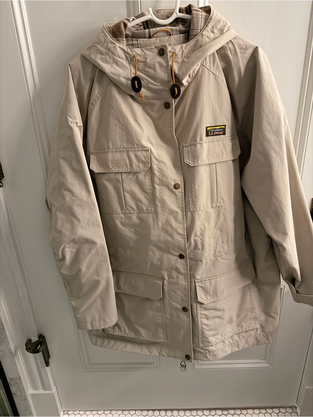 L.L.Bean Women’s Hooded Utility Rain Jacket Plaid Lined Khaki Plus Size 3X